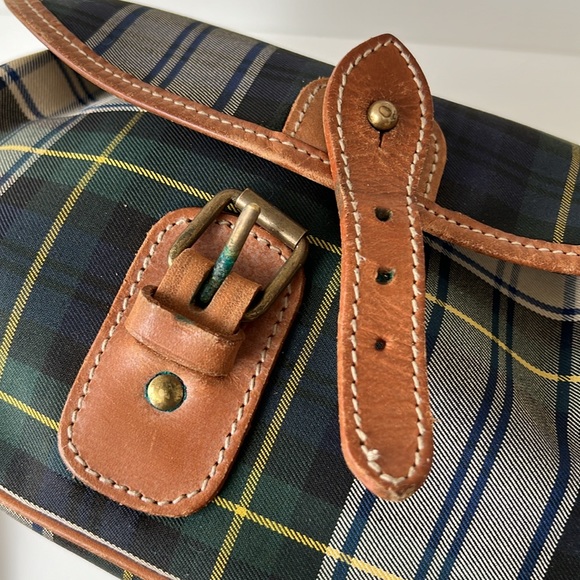 Ralph Lauren Vintage Tartan Plaid Blue Green Leather Brass Canvas Plaid Bag - Picture 9 of 15